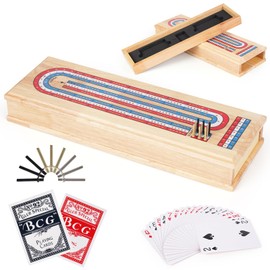 Wooden Cribbage Board Game Set – 3-Track Hardwood Cribbage Board with Storage Drawer, Metal Pegs, Two Decks of Cards, Travel-Friendly Family Strategy Cribbage Game for 2-3 Players, Gift for Adults