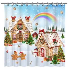 Tcoyodw Christmas Gingerbread House Shower Curtain 72" x 72" Winter Rainbow Snowflake Pine Tree Merry Xmas Tree Santa Snowflake Party Decorations Waterproof Fabric Bathroom Curtain with 12 Hooks