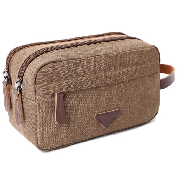 Mens Travel Toiletry Bag Canvas Leather Cosmetic Makeup Organizer Shaving Dopp Kits with Double Compartments (Coffee)