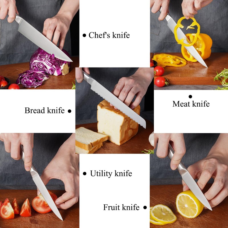 Silver Knife Set with Double Sided Wooden Magnetic Block,6-Piece Stainless
