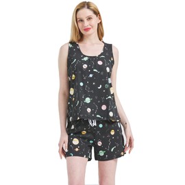 CHUNG Women's Cute Cotton Pajama Set Cartoon Tank Tee Shorts Sleepwear Summer Plus Size Dog (Medium, Black Universe)