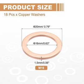 PATIKIL 18PCS M16 Copper Washers, M16x20x1.5mm Copper Crush Washer Metric Flat Washer