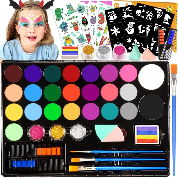 Face Painting Kit for Children, 28 Colors Face Body Paints with 3 Brushes 30 Stencils Girls Toys Age 4-9 Halloween Gifts for Girl 5 6 7 8 9 10 Year Old Halloween Washable Non Toxic Kids Makeup Set
