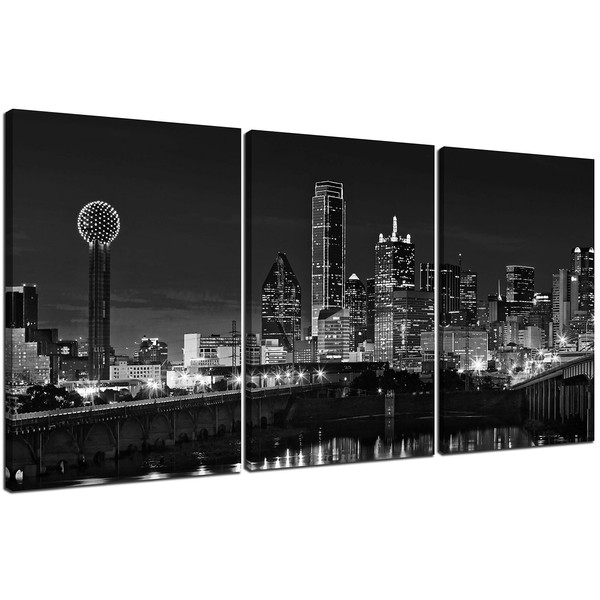 NAN Wind 3 Pcs Wall Art Dallas Skyline Black & White Canvas Art Paintings for Room Decor Dallas Cityscape Skyscrapers Night Scene Picture Prints On Canvas for Home Decor Modern Giclee Framed
