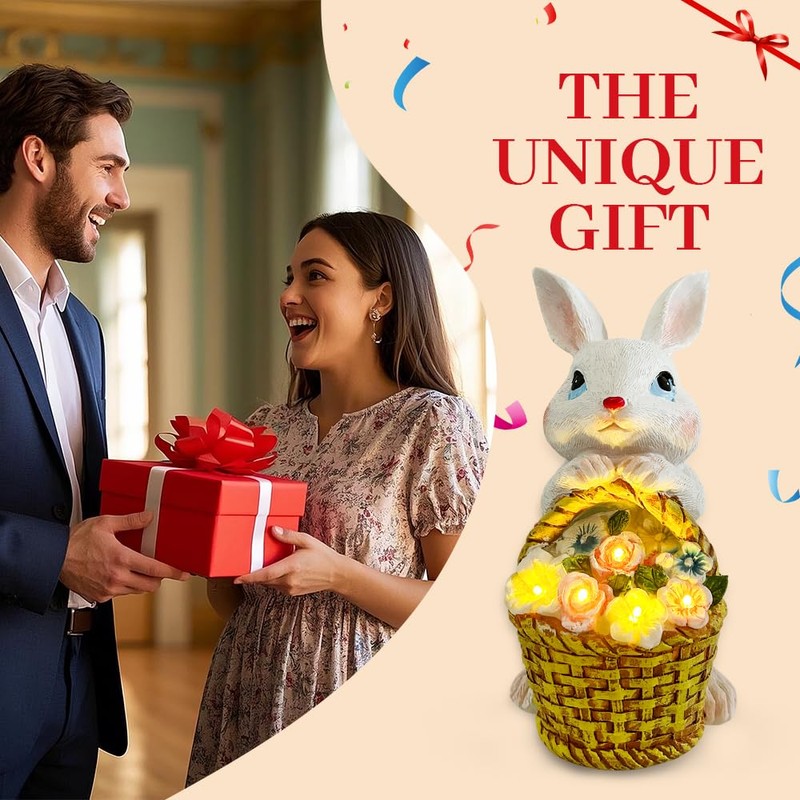 KOOY Garden Statues Bunny with Solar Lantern Outdoor Rabbit Holding