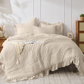 JOLLYVOGUE Beige Twin Size Comforter Set, 2 Pieces Seersucker Lightweight Fluffy Bedding Set, Twin Ruffle Comforter, All Season Soft Microfiber Shabby Chic Bed Set