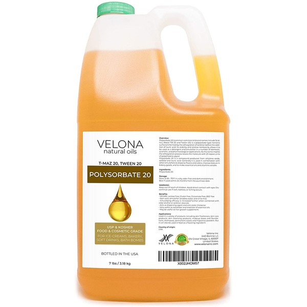 Polysorbate 20 by Velona - 7 lb | Solubilizer, Food & Cosmetic Grade | All Natural for Cooking, Skin Care and Bath Bombs | Use Today - Enjoy Results