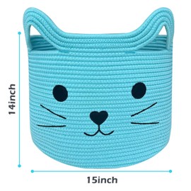 VK VK·LIVING Woven Basket 15"Lx14"H Cotton Rope Toy Basket with Cat Design, Cute Animal Basket Gift Basket Large Cat Toy Basket Baby Laundry Basket for Towels, Blankets, Cute Basket for Cat Toys