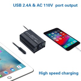 150W Power Inverter 12V DC to 110V AC Car Plug Adapter Outlet Converter with 2.4A Dual USB AC car Charger for Laptop Computer Black | MOVFFGGRM