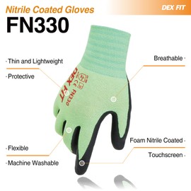 DEX FIT Nitrile Coated Work Gloves FN330-3D-Comfort Stretchy Fit, Firm Grip, Thin & Lightweight, Touchscreen Fingers, Protective & Durable, Breathable, Machine Washable; Green XS (6) 3 Pairs