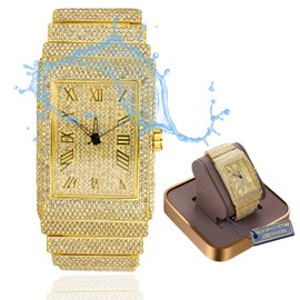 HALUKAKAH Moissanite Diamond Gold Watch for Men - 18k Real Gold Plated, Basic Waterproof, Roman Numerals Rectangle Dial, Heavy-Made, 3-Sides Iced Out, 24cm Wristband - Luxurious Giftbox Included