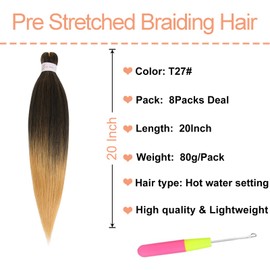 Mscat 20 Inch 8 Packs Pre Stretched Braiding Hair Ombre Brown Pre Stretched Braiding Professional Synthetic Prestretched Crochet Braids Hair Extension Hot Water Setting Yaki Texture (T27#)