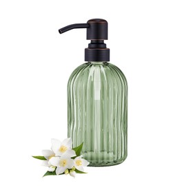 Leetcp 16Oz Green Glass Soap Dispenser with Rust Proof Bronze Stainless Steel Pump, Green Countertop Refillable Liquid Lotion Dispensers with Stainless Steel Pump, Oil Rubbed Bronze Soap Dispenser