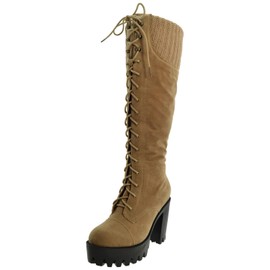 Generation Y Women's Knee High Boots Knitted Cuffs Lace Up Combat Platform Chunky High Heel Taupe Suede Size 5.5