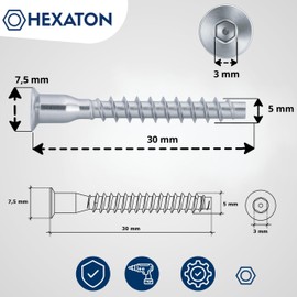 HEXATON Confirmat Screws 5 x 30 mm - Countersunk Hex Socket - Pack of 50 - Full Thread - Galvanised Steel - Furniture Screws