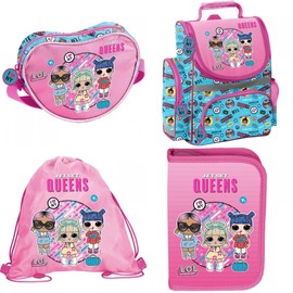 SCOOLSTAR LOL School Bag Girls 1 Class Satchel School Backpack Set 4 Pieces L.O.L. for Primary School Ergonomic and Anatomical / Includes Pencil Case, Sports Bag and Handbag, Pink Blue Colourful,