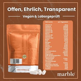marble® Multivitamin Complete Plus – 120 Kapseln vegan - 27 Pflanzenextrakte & Mikronährstoffe + Sägepalmenextrakt, Kürbiskernextrakt, Lycopin & Ashwagandha KSM-66 - Natürliche Vitamine & Mineralien