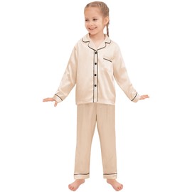 SWOMOG Family Matching Pyjamas Set Silk Satin Button Down Sleepwear Long Sleeve Nightwear 2 Pcs Pj Set Family Champagne 120