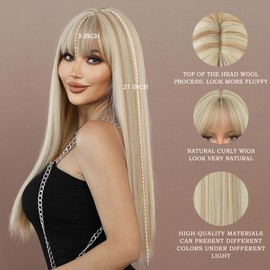 7JHH WIGS 26Inch Long Straight Wig with Bangs Blonde Wig Heat Resistant Light Brown Highlight Ombre Synthetic Wig Make Natural Looking Wigs for Women Party Cospaly Wig and Daily Used