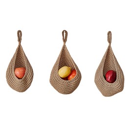 ANCLLO 3PCS Three sizes Hanging Wall Basket Teardrop Hanging Baskets Hand Woven Wall Mounted Teardrop Hanging Wall Decor Baskets for Kitchen Storage Living Room, Porch