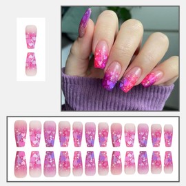 YEFIUO Medium Press on Nails Coffin Square Pink Fake Nails Press ons Nail Tips Acrylic Nail Kit Heart Glitter Ombre French Nail Art Glue on Nails Full Cover Glossy Artificial False Nails for Women
