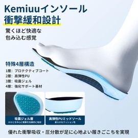 Kemiuu Insole, Shock Absorbing, Arch Insole, Stable Fit, Arch Support, Breathable, Antibacterial Material, Ultra Lightweight, Everyday Use, Standing Work, Unisex, XL Size (10.4 - 10.6 inches (26.5