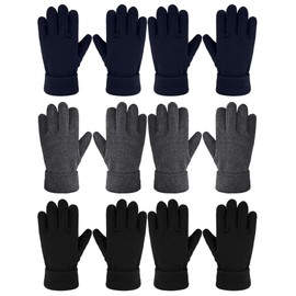 6 Pairs Children's Winter Fleece Gloves Warm Full Finger Gloves for Boys Girls, Black, Grey, Navy Blue