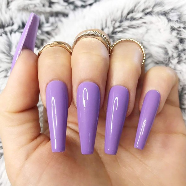 Brishow Coffin Artificial Nails False Nails Long Fake Nails Ballerina Acrylic Press on the Nails Full Cover Stick on the Nails 24 Pieces for Women and Girls (Purple)