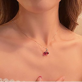 TseenYi Ruby Cherry Neckalce Red Cz Cherry Pendant Neckalce Gold Cherry Agate Stone Necklace Retro Cherry Choker Necklace Minimalist Fruit Necklace Chain Jewelry for women and Girls Gifts