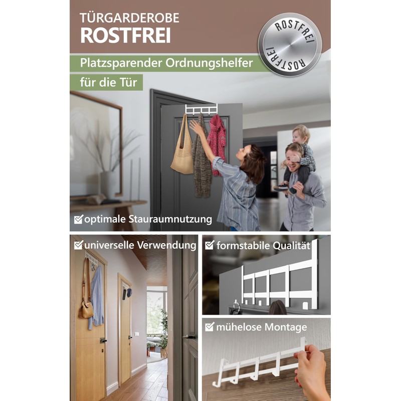 4smile Door Coat Rack for Hanging, Colour: White, Universal Door