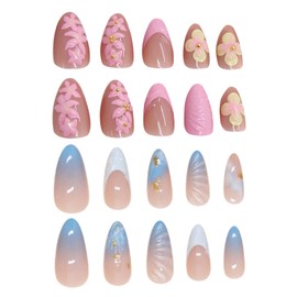 48pcs Press on Nails with 3D Flowers & Charms – 2 Different Style Summer Fake Nails Medium Almond Shape, Handmade Acrylic False Nails for Women, Beach Wedding Party Manicure (Flower)