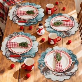 RGHSZ Christmas Round Placemats Set of 4, 15 Inch Winter Round Table Mats for Dining Decoration Santa Claus Table Mats Christmas Tree Holly Leaves Placemats