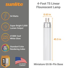 Sunlite 30440 F54T5/841/HO 4 Foot T5 Linear Fluorescent Lamp, 54 Watts, 5000 Lumens, 4100K Cool White, Miniature G5 Bi-Pin Base, ROHS Compliant, High Performance Straight Tube, 40 Pack