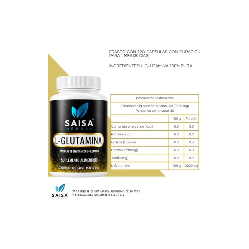 L-Glutamina 100 Puro 120 cápsulas con 500 mg cu. Calidad