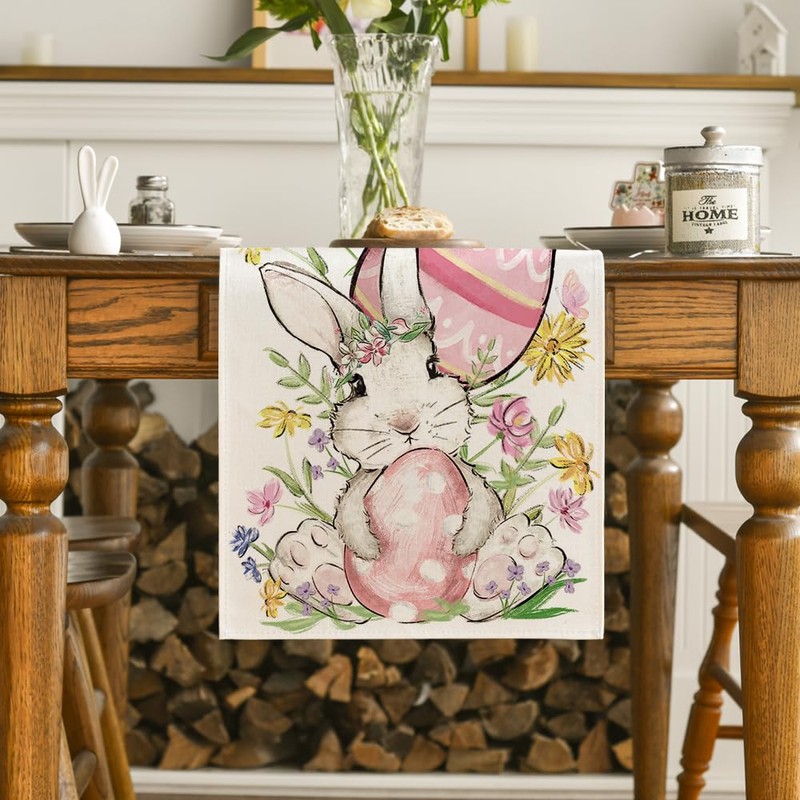 Artoid Mode Flowers Leaves Easter Eggs Rabbit Easter Table Runner,