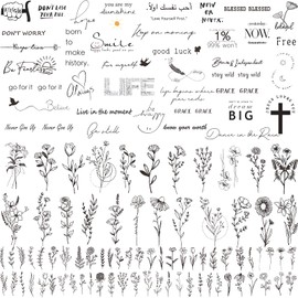 160+ PCS 74 Sheets Realistic Three Types Fake Temporary Tattoos, Include 40 Sheets Inspirational Quotes Words Tattoos, 22 Sheets Wild Flower Tattoos, 12 Sheets Small Flower Tattoo Stickers For Women