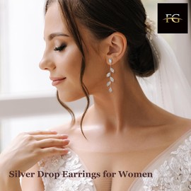 FASHGOOD Sterling Silver Leaf Drop Earrings, Cubic Zirconia Crystal, Hypoallergenic, Perfect for Weddings, Parties & Proms