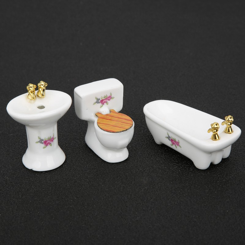 1/24 Dollhouse Miniature Bathroom Set Simulation Ceramic Bathtub Toilet Sink