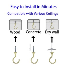 Evsteluo Heavy Duty Swag Ceiling Hooks with Hardware for Hanging Plants, Cavity Wall Fixing, Easy Installation, Holds Up to 30lbs, Ideal for Home & Garden (8 Sets, Gold)