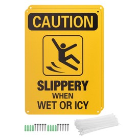 PATIKIL 10x7 Inch Slippery When Wet or ICY Sign, 2 Pack Caution Sign Reflective Aluminum Metal Warning Signs with Screws & Ties for Wet Floor Caution, Yellow/Black