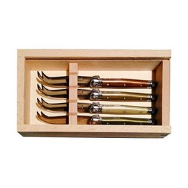 (D) Laguiole French Hand Made 4 Cheese Cutlery in Wood Box, Vintage (Mineral)