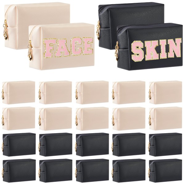Cunno 24 Pcs Makeup Bag Bulk PU Leather Cosmetic Bag Makeup Pouch Plain Cosmetic Pouch Waterproof Toiletry Bags for Traveling Travel Purse Cosmetic Organizer (Ivory White, Black)