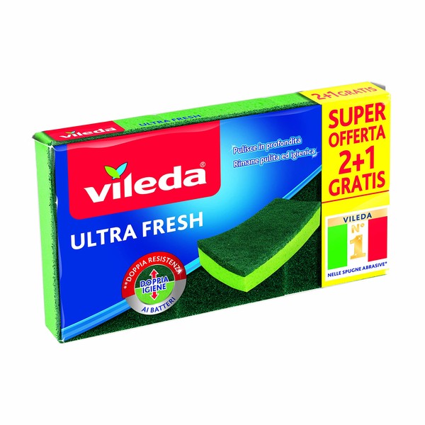 Vileda Ultra Fresh Abrasive Sponge, Absorbent, Scratch Resistant, with Fibrose, Antibacterial Treatment, Size 2+1, Green