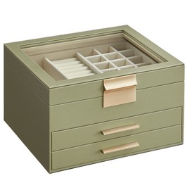 SONGMICS Caja de Joyas, 3 Niveles, Tapa de Cristal, 2 Cajones