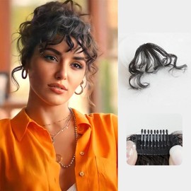 VAVANGA Curly Bangs Clip in Hair Extension, Synthetic Hair French Bangs Clip on Wispy Bangs Natural Curly Air Bangs Fake Fringe Bangs Hair Piece for Women (Black)