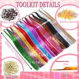 HandWig Hair Tinsel Tools Kit,Fairy Hair Strands for Women & Girls,Easy Apply Hair Highlights for Party, Festival & Daily Use (12 Colors+Tools, 47 Inches)