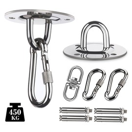 Ceiling Hook Heavy Duty 450 kg Stainless Steel 360° Rotation Hook with 4 Heavy Duty Dowels 2 Swing Carabiners for Hanging Chair, Punch Bag, Yoga Cloth, Nest Swing, Aerial Yoga and Hammock Attachment