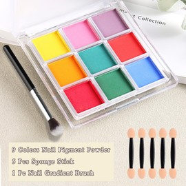 FSpronail Gradient Powder Set - 9 Colors Nail Pigment Palette for Nail Art, Solid Neon Pigment Gradient Nails - Includes 5 Sponge Sticks 1 Brush - Ideal for Beginners #03