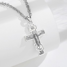 INFUSEU Orthodox Cross Necklace Men Eastern Crucifix Sterling Silver Cross Pendant Women Jesus Religious Gifts Catholic Christian Jewelry Birthday Russian Greek Large Big Crucifixes Piece
