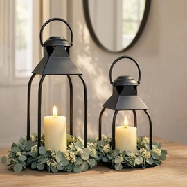 Faroles decorativos de metal para interiores y exteriores, portavelas para porche, patio, chimenea, piso, boda, Navidad, otoño, día festivo, centro de mesa de granja (negro, juego de 2 unidades de